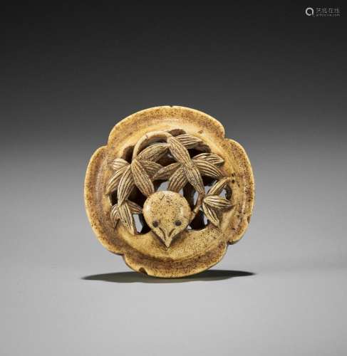 A STAG ANTLER RYUSA MANJU NETSUKE OF A STYLIZED SPARROW, IN ...