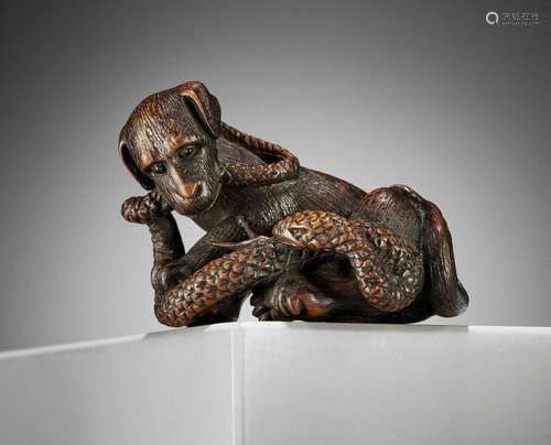 TAMETAKA: A WOOD NETSUKE OF A DOG BITING A SNAKE