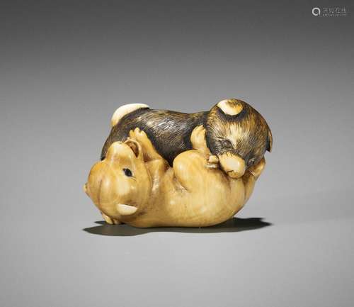 RYUKOSAI JUGYOKU II: A FINE IVORY NETSUKE OF TWO PUPPIES AT ...