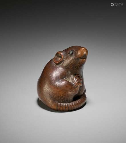 MASANAO: A SUPERB WOOD NETSUKE OF A RAT