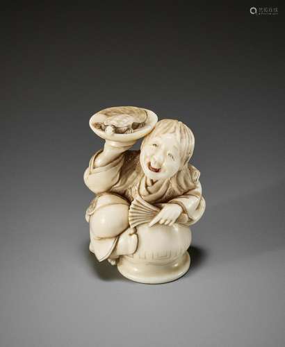 NAOTSUGU: A RARE IVORY NETSUKE OF A SHOJO