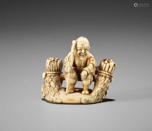 AN IVORY NETSUKE OF A RESTING FARMER