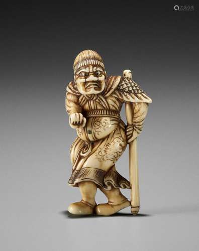 A FINE OSAKA SCHOOL IVORY NETSUKE OF A WARRIOR