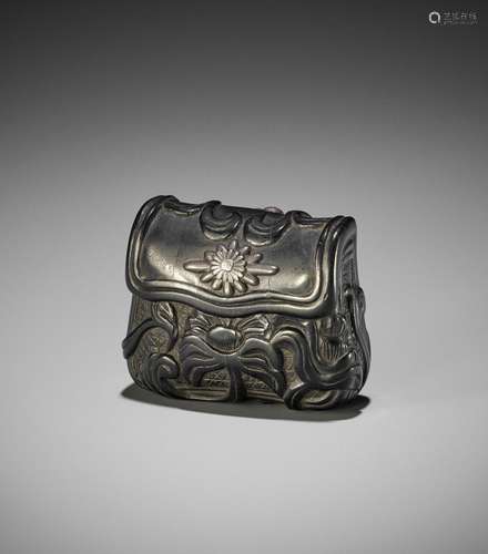 A RARE HEAVY BLACK WOOD NETSUKE OF A KINCHAKU