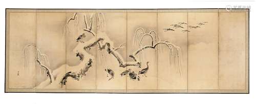 KANO TSUNENOBU: A MUSEUM-QUALITY ‘GEESE IN WINTER’ EIGHT-PAN...