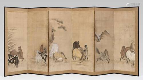 A RARE HASEGAWA SCHOOL SIX-PANEL BYOBU (FOLDING SCREEN) WITH...