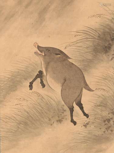 NOJIRO UNSEN: A FINE SCROLL PAINTING OF A WILD BOAR