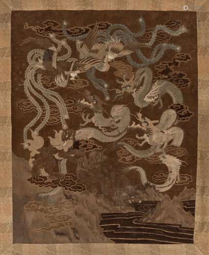 A VERY LARGE AND FINE EMBROIDERED WALL HANGING WITH MYTHICAL...