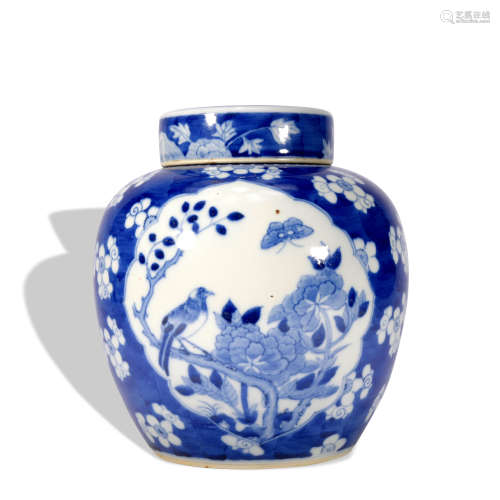 A blue and white 'floral and birds' jar