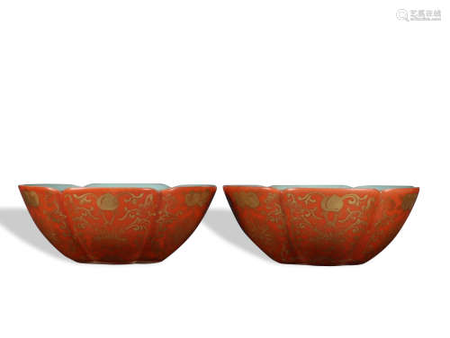 A pair of allite red glazed cup painting in gold