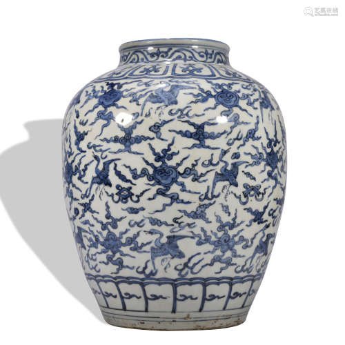 A blue and white 'crane' jar