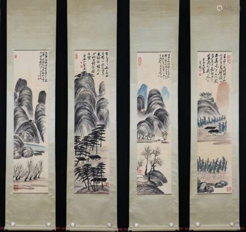 A Qi baishi's four pieces landscape painting