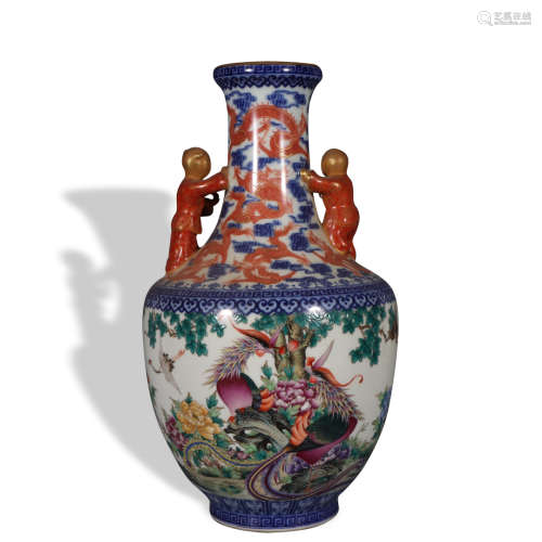 A famille-rose 'dragon and phoneix' vase