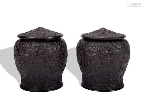 A pair of wood jar and cover