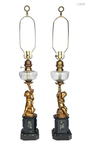 PAIR OF DORE BRONZE KEROSENE ELECTRIFIED TABLE LAMPS