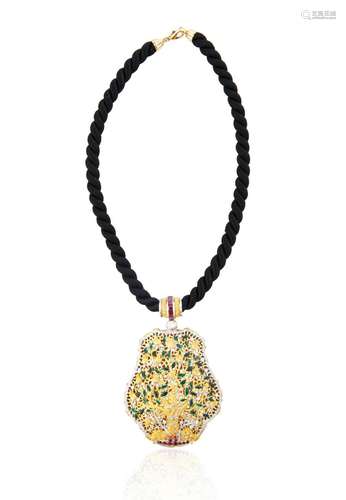 AN 18KT GOLD, DIAMOND, RUBY AND ENAMEL PENDANT, CAZZANIGA, R...