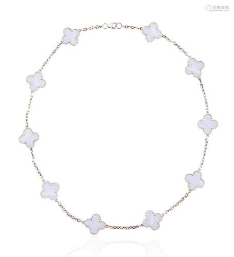 VCA 18KT WHITE GOLD AND AGATE ALHAMBRA NECKLACE