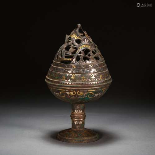 CHINESE BRONZE AROMA STOVE INLAID WITH GOLD AND SILVER, HAN ...