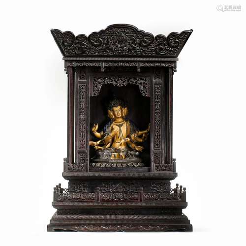 CHINESE BRONZE GILDING BUDDHA STATUE WITH ROSEWOOD SHRINE, Q...