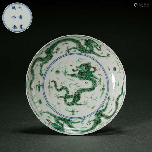 CHINESE WHITE GREEN GLAZE DRAGON PLATE, KANGXI PERIOD, QING ...