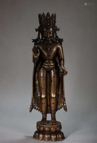 CHINESE BRONZE INLAID WITH SILVER BUDDHA, 13TH CENTURY