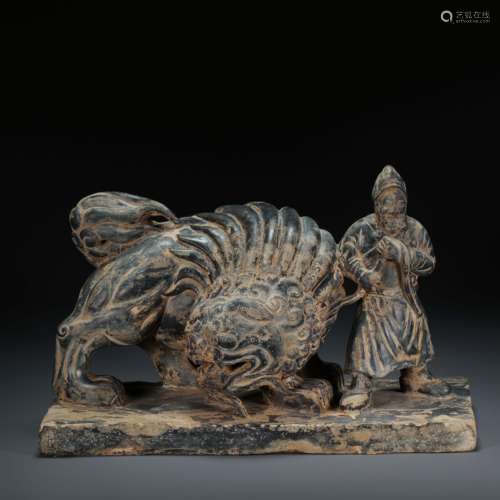 CHINESE COAL STONE HU REN WITH LION, LIAO DYNASTY