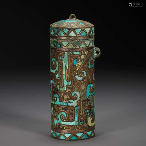 CHINESE BRONZE INCENSE CYLINDER INLAID WITH GOLD AND SILVER ...