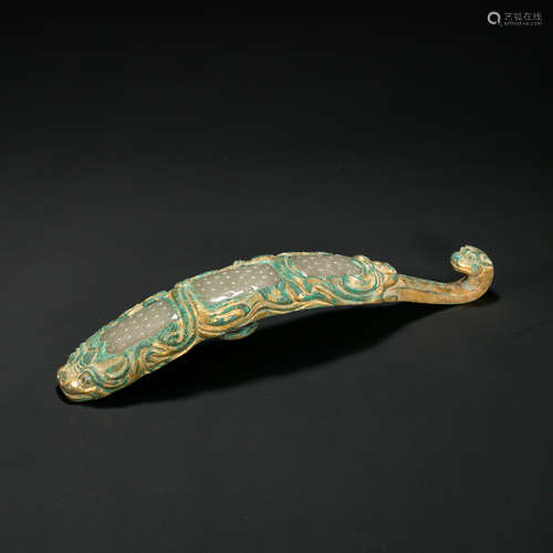 CHINESE BRONZE GILT INLAID JADE BELT  HOOK, HAN DYNASTY