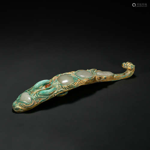 CHINESE BRONZE GILT INLAID JADE BELT HOOK, HAN DYNASTY