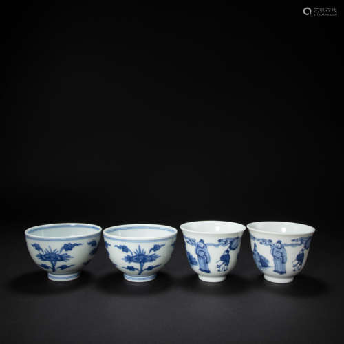 A GROUP OF CHINESE BLUE AND WHITE CUPS FROM THE QING DYNASTY