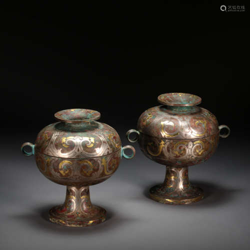 A PAIR OF CHINESE BEAN INLAID WITH GOLD AND SILVER, HAN DYNA...