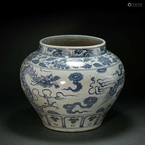 CHINESE BLUE AND WHITE PORCELAIN DRAGON POT YUAN DYNASTY