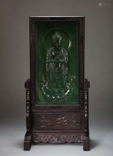 CHINESE HETIAN JADE BUDDHA INSERTED WITH MAHOGANY FRAME TABL...