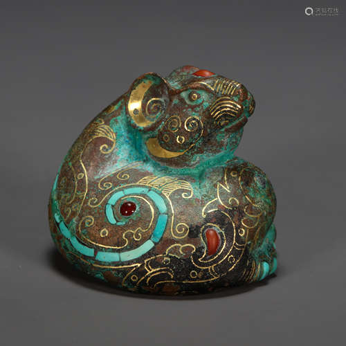 CHINESE BRONZE MOUSE INLAID WITH GOLD, SILVER AND TURQUOISES...