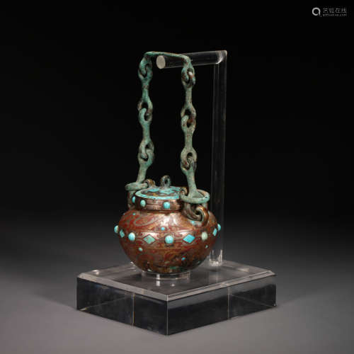 CHINESE BRONZE CHAIN POT INLAID WITH GOLD AND SILVER INLAID ...