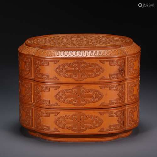 CHINESE BAMBOO YELLOW TRIPLE BOX, QING DYNASTY