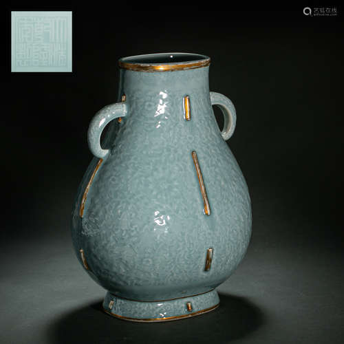 CHINESE BEAN GLAZE PORCELAIN DOUBLE-EAR ZUN BOTTLE, QIANLONG...