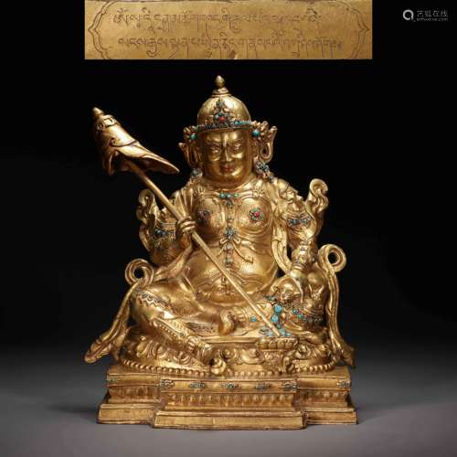 TIBET BRONZE GILT INLAID WITH PRECIOUS STONES BUDDHA STATUE,...