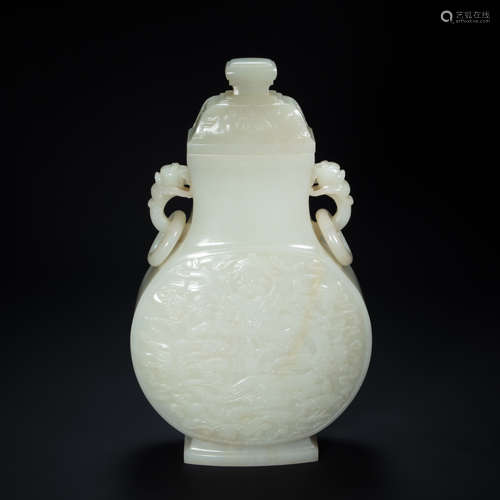 HETIAN WHITE JADE DRAGON VASE, QING DYNASTY, CHINA