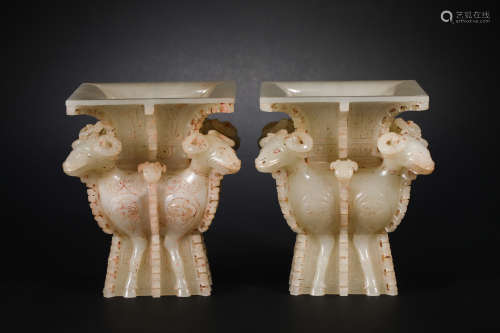 Han Dynasty Hetian jade and four sheep square statue