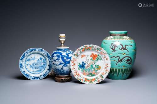 TWO CHINESE BLUE AND WHITE AND FAMILLE VERTE DISHES AND TWO ...