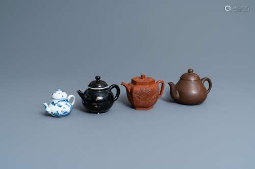FOUR CHINESE YIXING STONEWARE, BLUE AND WHITE AND MONOCHROME...