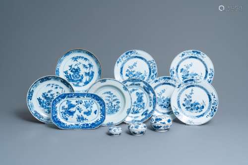 EIGHT CHINESE BLUE AND WHITE DISHES, A PLATTER AND THREE COV...