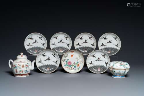 SEVEN CHINESE FAMILLE ROSE SAUCERS, A TEAPOT AND A COVERED B...