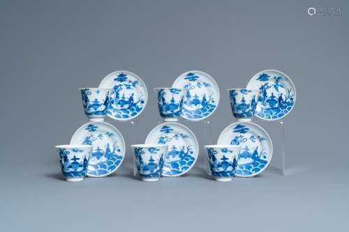 SIX CHINESE BLUE AND WHITE CUPS AND SAUCERS, 19TH C.