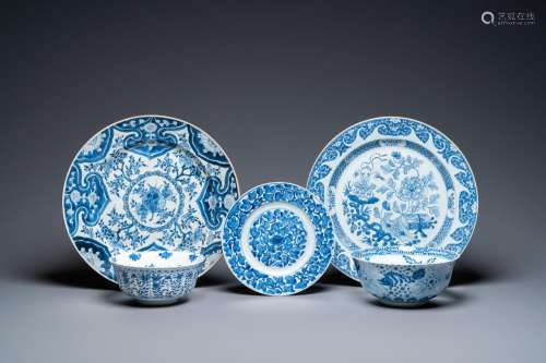 THREE CHINESE BLUE AND WHITE DISHES AND TWO BOWLS, KANGXI AN...