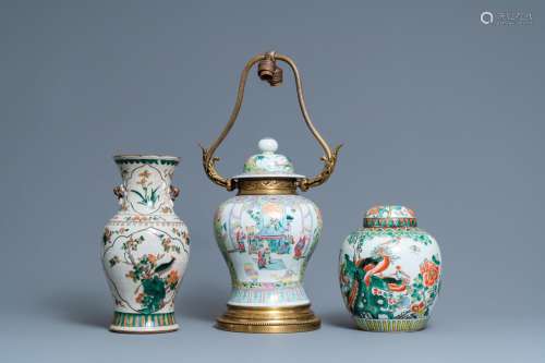 TWO CHINESE FAMILLE VERTE VASES AND A LAMP-MOUNTED FAMILLE R...