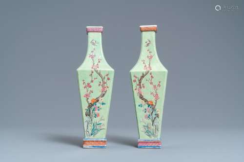 A PAIR OF CHINESE FAMILLE ROSE GREEN-GROUND VASES WITH FLORA...