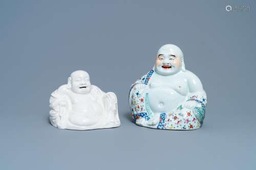 A CHINESE FAMILLE ROSE FIGURE OF BUDDHA AND ONE IN BLANC DE ...