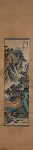 A Chinese landscape silk scroll painting, Wu Hufan mark